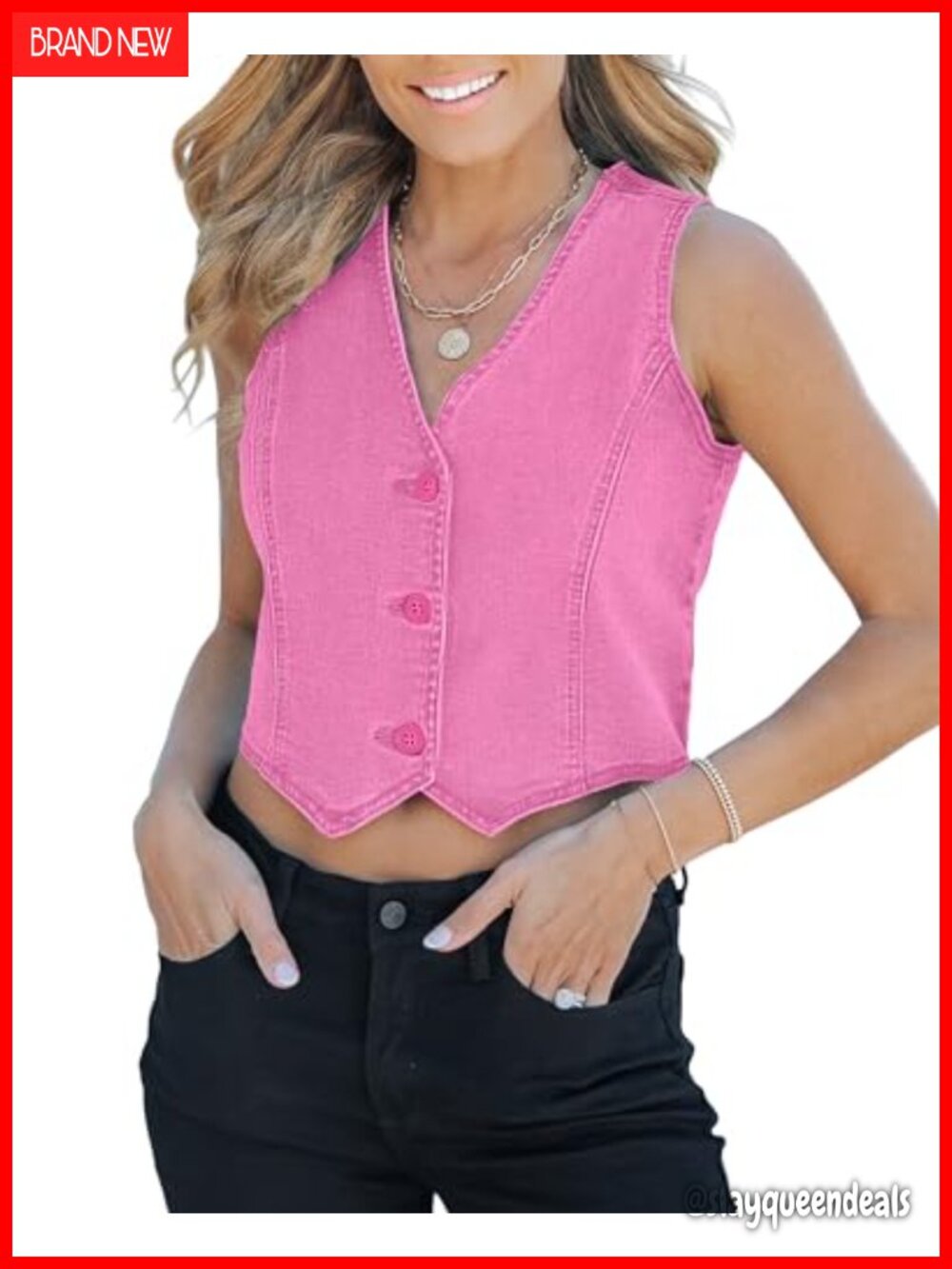 Womens Cropped Denim Vest Button Down V-Neck Sleeveless Jean Waistcoat